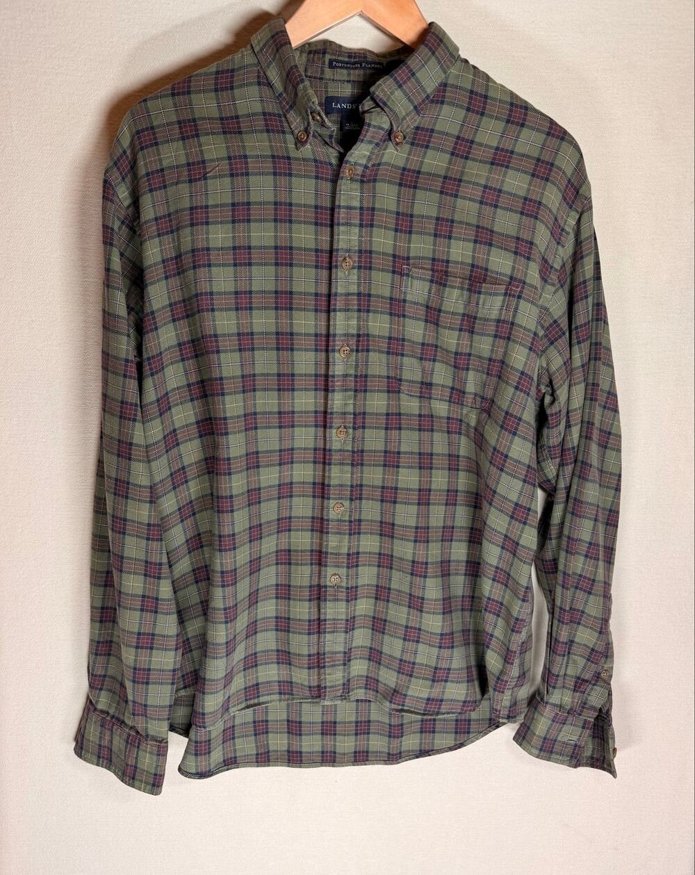 Lands End Portuguese Flannel Mens L 16-16.5 Plaid Cotton Button Down Shirt